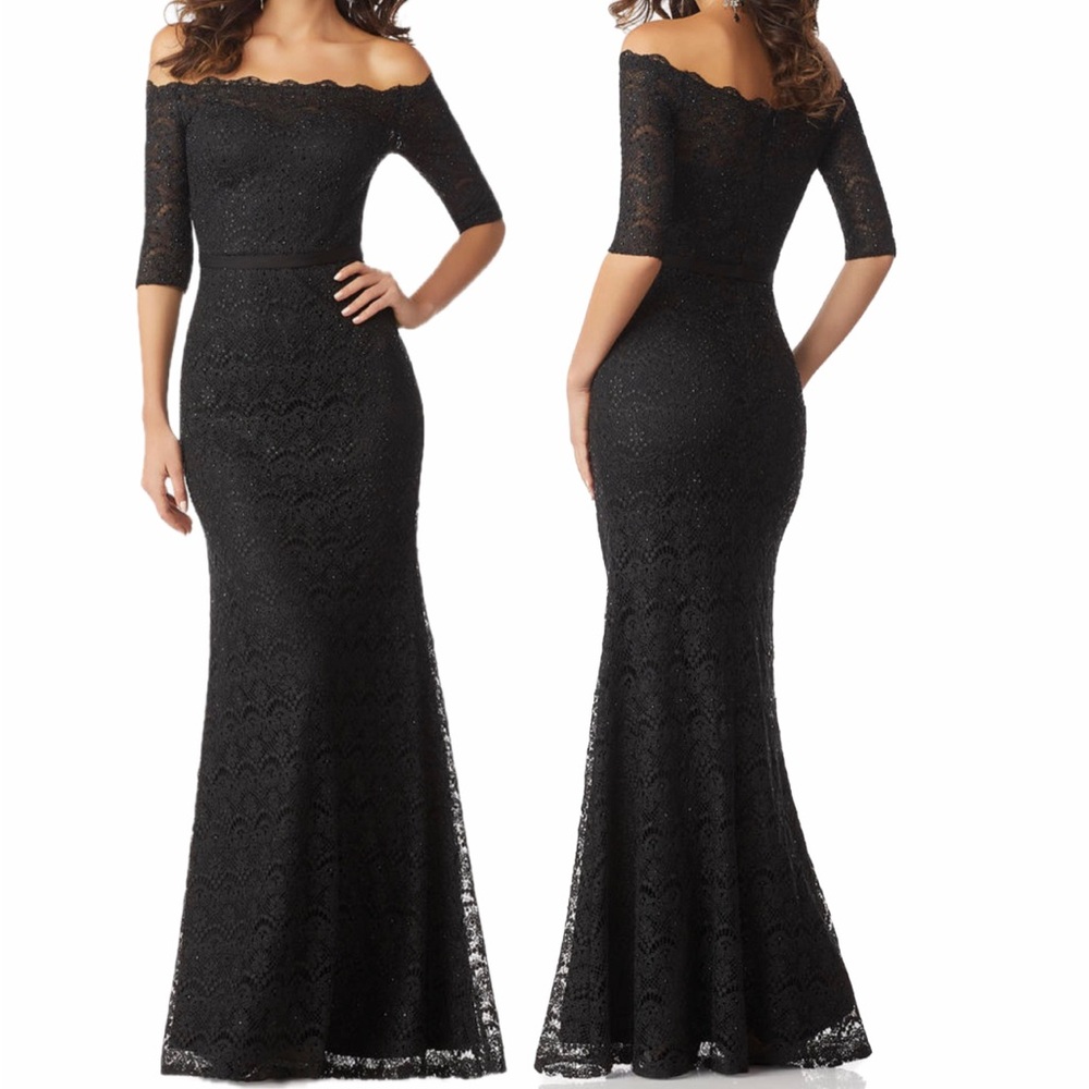 Black metallic crocheted lace beading Off-Shoulder Dress evening formal sz 8 New
